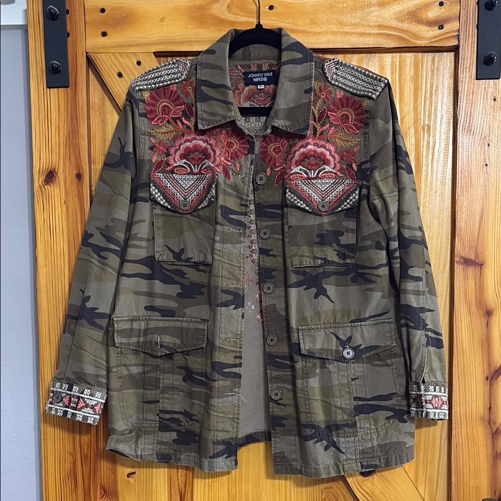 Johnny Was Camouflage Jacket with Red and Pink Embroidery